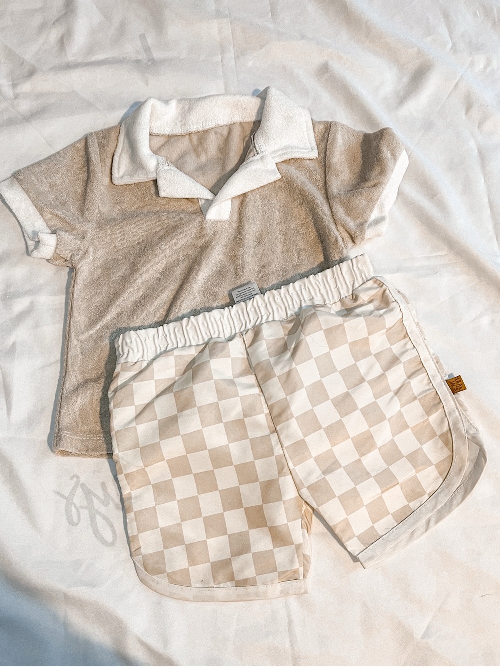 Lila & Jack Beige Terry Polo & Checkered Swim Shorts Set Neutral Two-Piece 2T